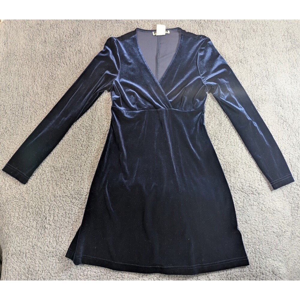 Maurices Velvet Dress Womens M Navy Long Sleeve V Neck Stretch Vintage USA